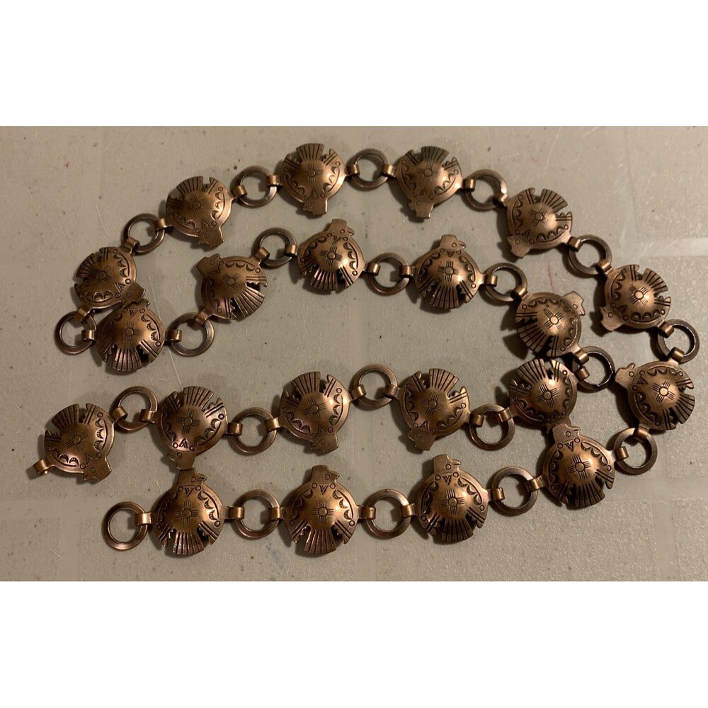 Vintage Stamped Thunderbird Link Copper Concho Belt 33” Southwestern